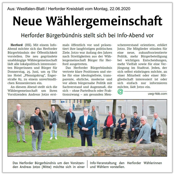 Aus: Westfalen-Blatt / Herforder Kreisblatt vom Montag, 22.06.2020