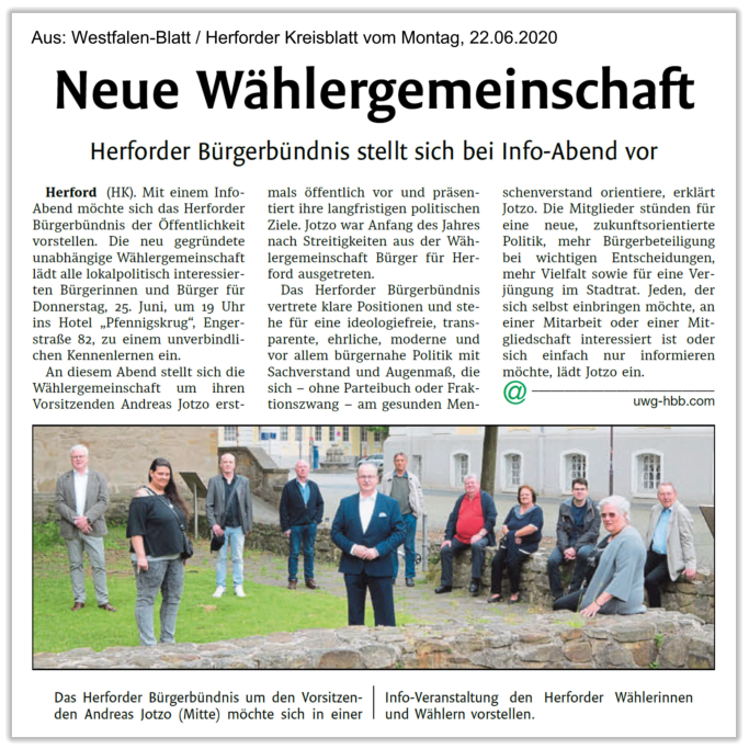 Aus: Westfalen-Blatt / Herforder Kreisblatt vom Montag, 22.06.2020